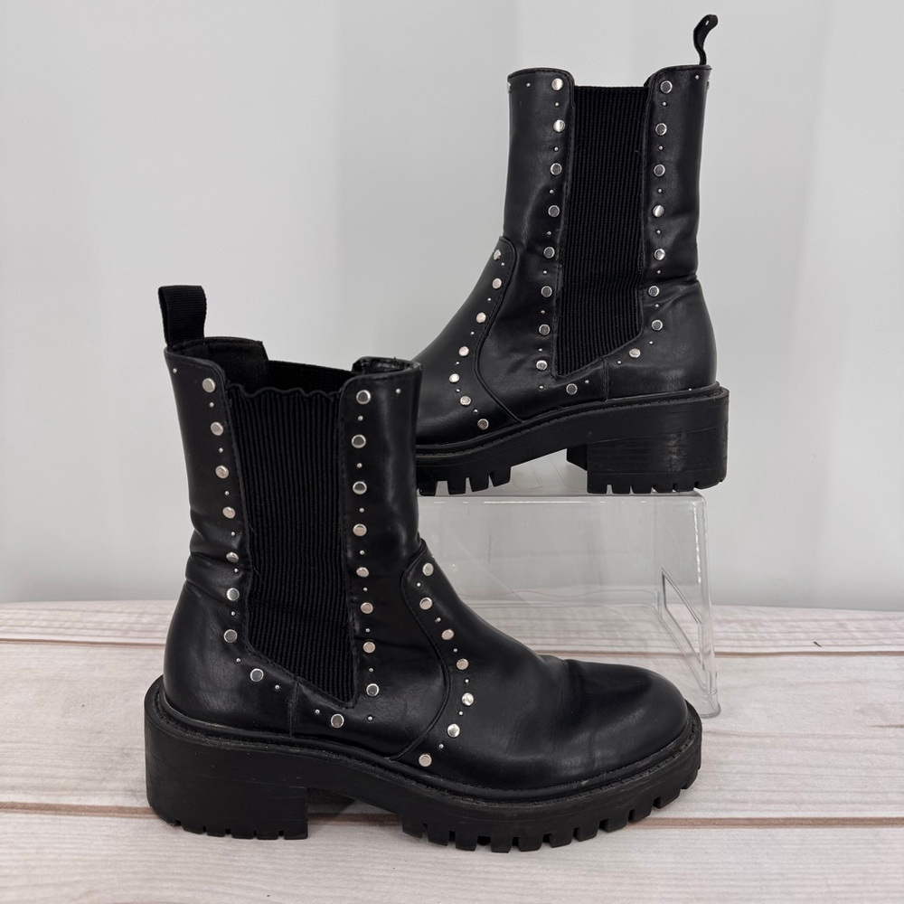 Zara Black Studded Chelsea Ankle Boots Chunky Lug Sole Combat Goth Biker 38/7.5